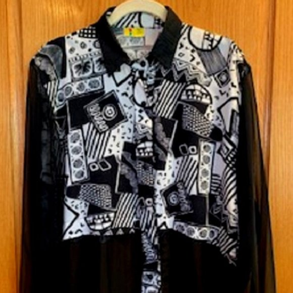 Papa & Louis Geometric Print Sheer Bottom Half & Sleeves Blouse/Shirt Sz: L - Picture 1 of 6